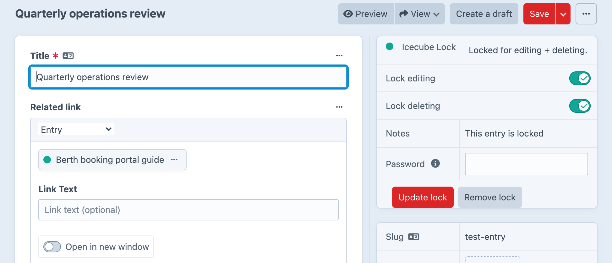 A FreeLink field in a Craft entry: a type dropdown set to Entry, the selected entry shown as a chip, an optional link text field and an open-in-new-window switch